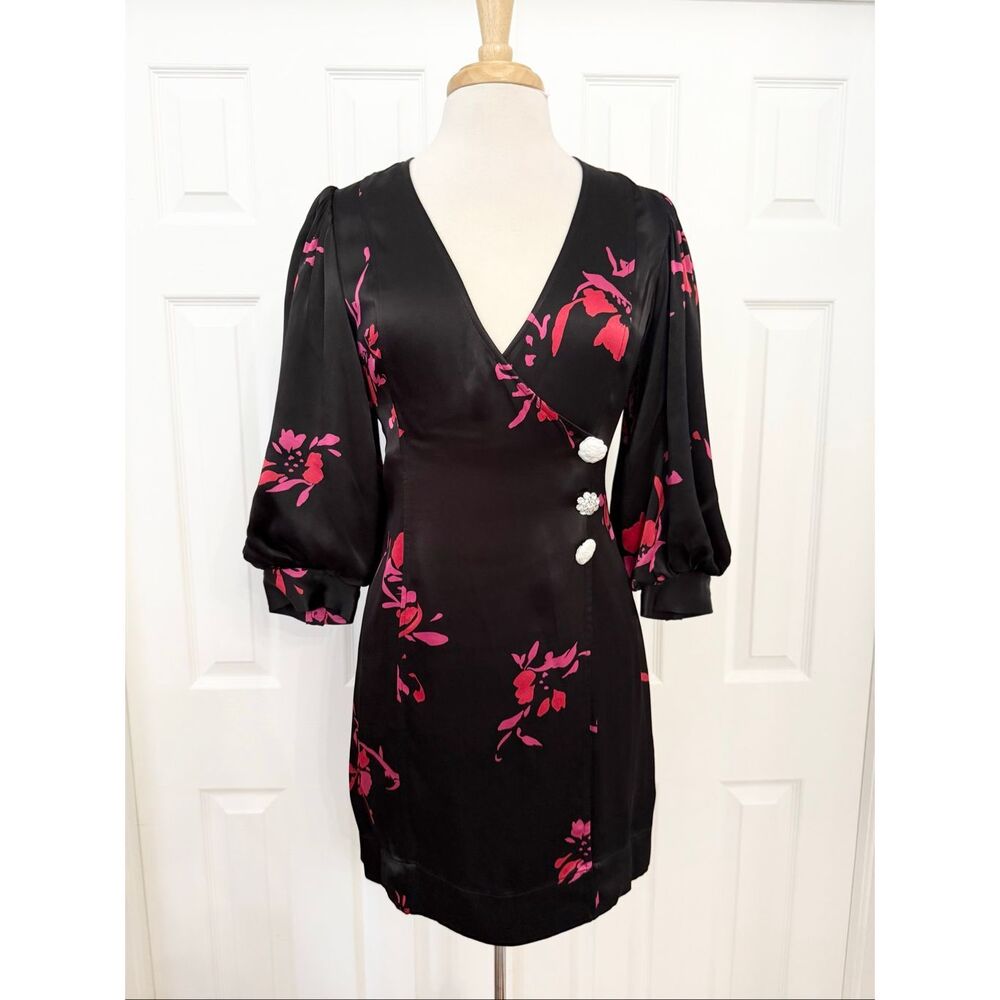 Ganni Black Pink Floral Satin Crystal Wrap Mini Dress 36 S 4 NWOT Embellished
